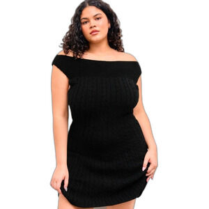 New Cider Black 2xl Cable Knit Boat Neck Solid Mini Dress 